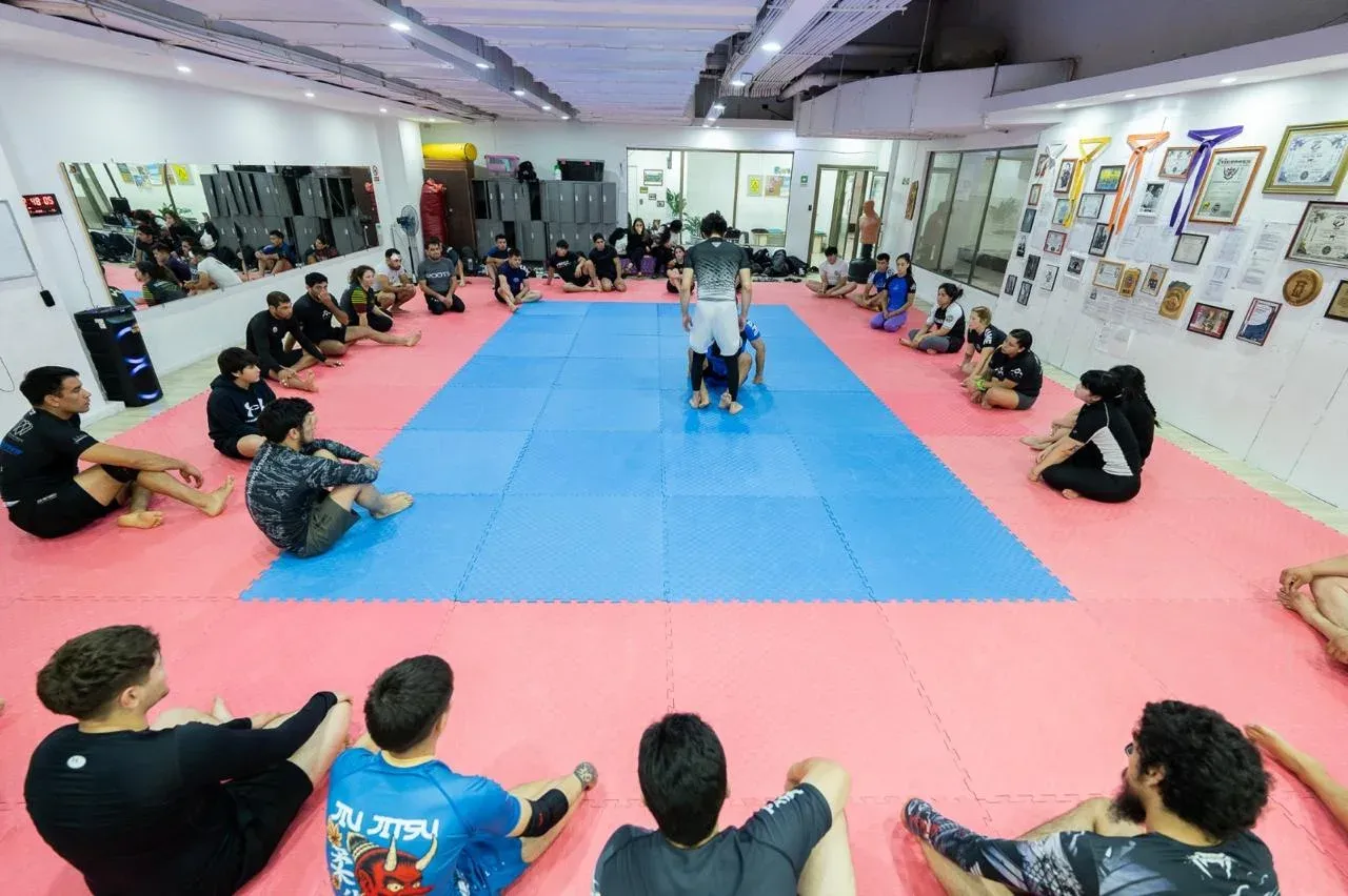 Clase de APEX: el profe demuestra una técnica al centro del tatami y los alumnos miran sentados alrededor